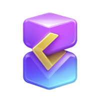 A 3D geometric shape with glossy purple and blue gradient surface features prominent yellow arrow, creating modern and dynamic design. reflective surface adds depth and intrigue png