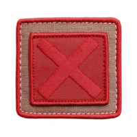 A square embroidered patch features bold red X on textured background, bordered by contrasting brown edge. design is simple yet striking, suitable for various applications png
