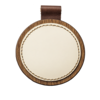 A round leather keychain with wooden base and brown leather loop, featuring blank white center for customization. design is simple and elegant, perfect for personal or promotional use png