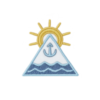 A colorful embroidered patch features triangle with sun and waves, symbolizing adventure and exploration. design includes anchor, adding nautical theme to vibrant motif png