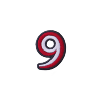 A This features red and white embroidered patch shape of number nine, set against transparency background. patch has bold, eye catching design.Red and white embroidered number nine patch png