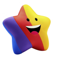 A colorful star shaped pillow with cheerful face features vibrant red, yellow, and blue sections. Its playful design and smiling expression make it perfect for children rooms or playful decor png