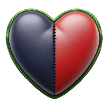 un' cuore sagomato oggetto con unico design Caratteristiche Diviso colore schema di blu e rosso, cucito insieme con verde confine, la creazione di Impressionante e simbolico aspetto png