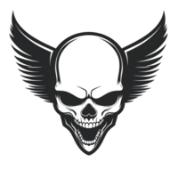 A winged skull design with edgy and bold appearance, featuring detailed wings extending from sides of skull. monochrome style adds dramatic and intense feel to image png