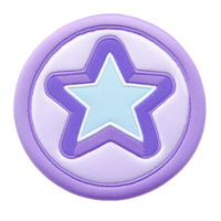 A round embroidered patch features light blue star centered within purple star outline, set against lavender background, creating playful and vibrant design png