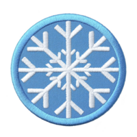 A round embroidered patch features white snowflake design on light blue background, symbolizing winter and cold weather. patch is bordered with blue edge, adding contrast and definition png