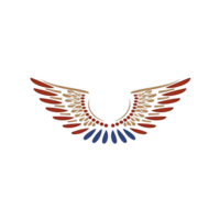 A pair of stylized wings with vibrant color scheme of red, gold, and blue, creating dynamic and bold design. wings are symmetrical and convey sense of freedom and power png