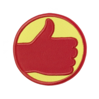 A red thumbs up patch with yellow background, symbolizing approval or positivity. circular design is embroidered, making it suitable for clothing or accessories png