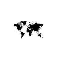 A simple black and white world map illustration shows continents in minimalist style, highlighting global layout. map is devoid of any labels or borders, focusing on basic shapes of landmasses png