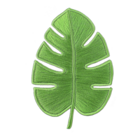 A vibrant green embroidered monstera leaf with intricate stitching details, showcasing tropical and artistic design. leaf texture and shape are highlighted, creating lively and decorative appearance png