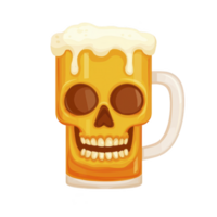 A frothy beer mug with skull design, blending spooky and festive vibes, perfect for Halloween celebrations or themed parties. skull is creatively integrated into amber liquid png