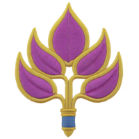 A vibrant embroidered patch features stylized lotus design with pink petals outlined in gold, symbolizing purity and enlightenment. base is accented with blue band, adding contrast png