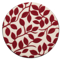 A round fabric coaster features elegant red leaf pattern on beige background, creating stylish and decorative accent for any table setting png
