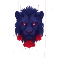 A fierce, stylized blue lion head with glowing red eyes is surrounded by vibrant red roses, creating striking contrast. design is bold and artistic, with dark, mysterious aura png