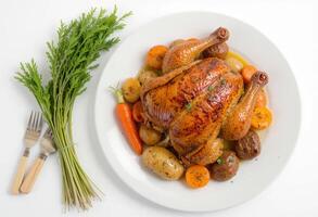 White plate of a roast chicken with roast potatoes, roast carrots, isolated on a white background. photo