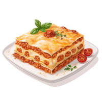 a slice of lasagna on a plate with tomatoes and basil png