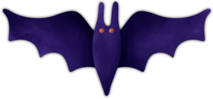 A purple bat cartoon with orange eyes on a transparent background. This bat has large, spread-out, wavy wings, a pointed body, and two long, pointed ears. png