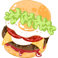 A colorful cartoon burger with a sesame seed bun, meat patty, cheese slices, tomato, onion, lettuce, and sauce. It has a playful and delicious look. png