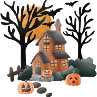 Halloween themed image featuring a haunted house at night. The house is surrounded by pumpkins with carved faces, barren trees and bats flying around in the light of a full moon. png