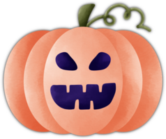 A cartoon-like pumpkin on a transparent background. The pumpkin is orange, has a dark blue jagged mouth, and triangular eyes. The pumpkin has a green stem and curly vines on top. png