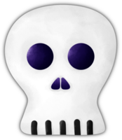 A cartoonish white skull with dark blue circular eye sockets and triangular nostrils. The mouth has five black vertical lines representing the teeth. png