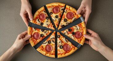 Top view of two pairs of hands holding a large round pizza cut into slices on a dark gray plate. Pizza is topped with pepperoni, mushrooms, and olives. photo