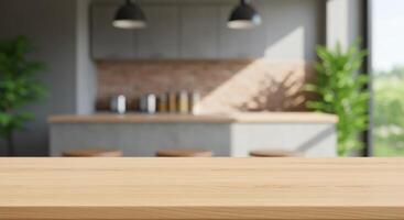 Wood table top with blurred kitchen interior background. Counter for product display, advertisement, montage. Modern home with plant near window. photo