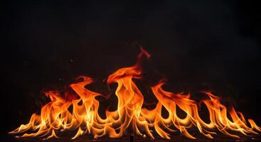 Vivid flames dance against a dark backdrop, showcasing the raw power and mesmerizing beauty of fire with intense heat and bright orange color. photo