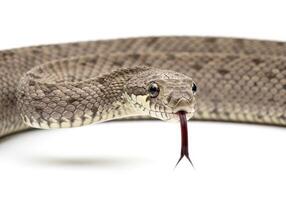 Close up of a gray rat snake with its tongue sticking out, showcasing its scales and unique features against a clean white backdrop. Reptile portrait. photo