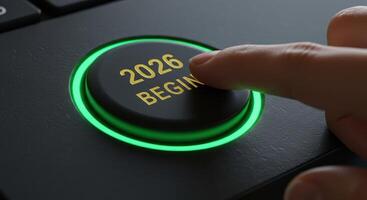 Finger pressing a glowing green button with the year 2026 and the word BEGIN on a keyboard, symbolizing the start of a new era or initiative. photo