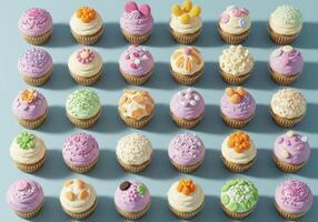 Assortment of decorated cupcakes on a blue surface. Features colorful frosting, sprinkles, and various decorative toppings arranged in a grid pattern. Sweet treats concept. photo