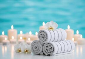 Rolled towels with orchids and candles against a blue background create a spa like scene, perfect for wellness, relaxation, and self care concepts. photo