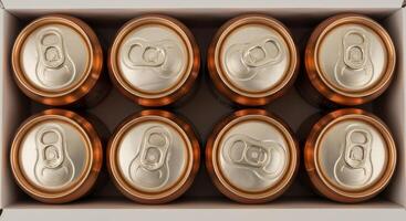Eight bronze aluminum cans in a white cardboard box, shot from above. Beverage container, drink, recycle concept. photo