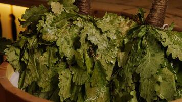 Aromatic Oak Brooms In Steam Bath, Close Up View, Aromatherapy For Release Stress And Recovery Body video
