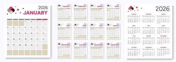 2026 Calendar with Notepad. Week Starts on Monday vector