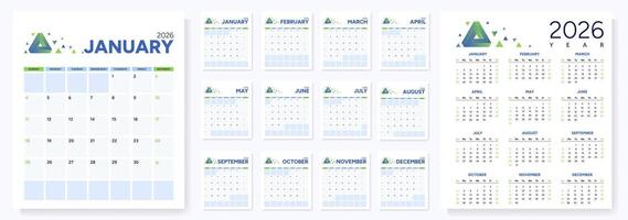 2026 calendar with notepad in blue and green design vector