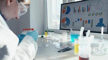 A dedicated scientist in a white lab coat is analyzing samples and complex data on a hightech screen, highlighting advancements in medical sciences, particularly in innovative vaccine development video