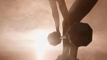 A determined individual lifts a heavy dumbbell, silhouetted against a stunning backdrop of dramatic light and mist, encapsulating the essence of perseverance, strength, and fitness video