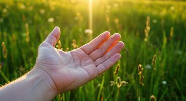 Close up of a mans open hand reaching towards the sunlight in a green field. Focus on fingers and palm, representing hope, nature, and connection. photo