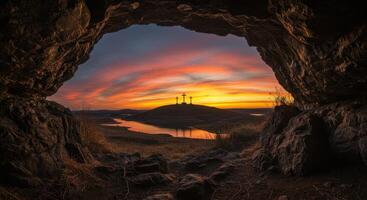 View from a cave towards a sunset landscape with three crosses silhouetted on a hill against a colorful sky. Religious and serene scenery. photo