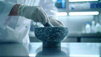Close up of scientists hands in medical gloves and white lab coat using a grey stone mortar in a laboratory. Medicine and science concept. photo