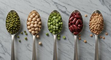 High angle studio shot displays five silver spoons filled with dried legumes including mung beans, chickpeas, split peas, kidney beans and lentils on a marble surface. photo
