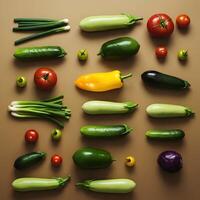 Various vegetables arranged in a circle on a brown background photo
