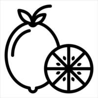 A black and white outline of a lemon and slice vector