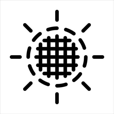 A black and white icon of a sun with a grid pattern