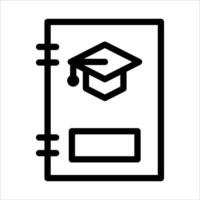 A black and white icon of a notebook with a graduation cap vector