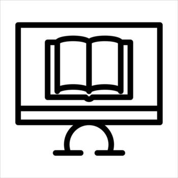 un negro y blanco imagen de un computadora pantalla con un abierto libro vector