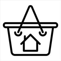 A black and white icon of a shopping basket with a house inside vector