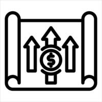A black and white icon of a scroll with arrows and dollar signs vector