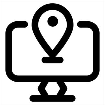 A black and white icon of a computer monitor with a pin on it vector